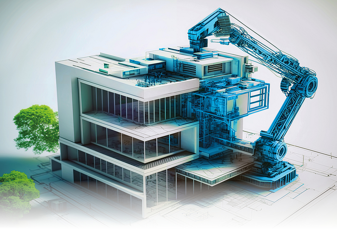 Ein Roboterarm mit einem 3D-Drucker konstruiert ein futuristisches Gebäude. Konzept: 3D-gedrucktes Gebäude, die Zukunft des Baus.
