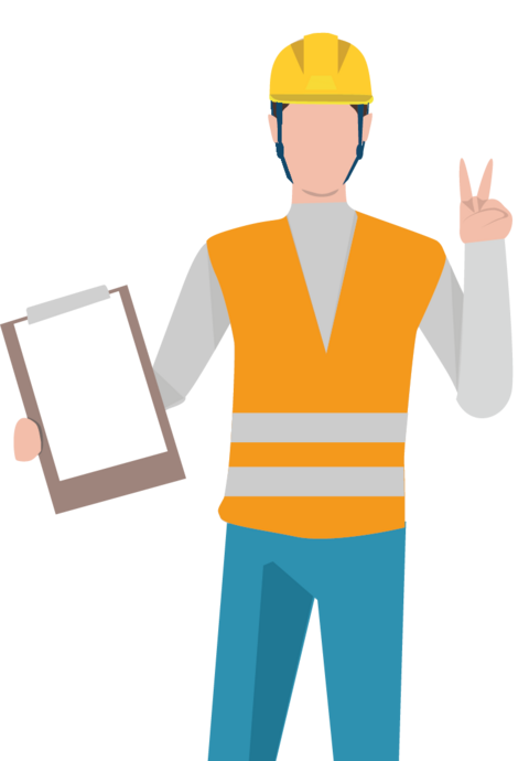 Illustration zeigt einen Bauarbeiter, der ein Board hält und den Zeigefinger hebt. Eine Tafel neben ihm erklärt das STOP-Prinzip bei einer Gefährdungsbeurteilung.

