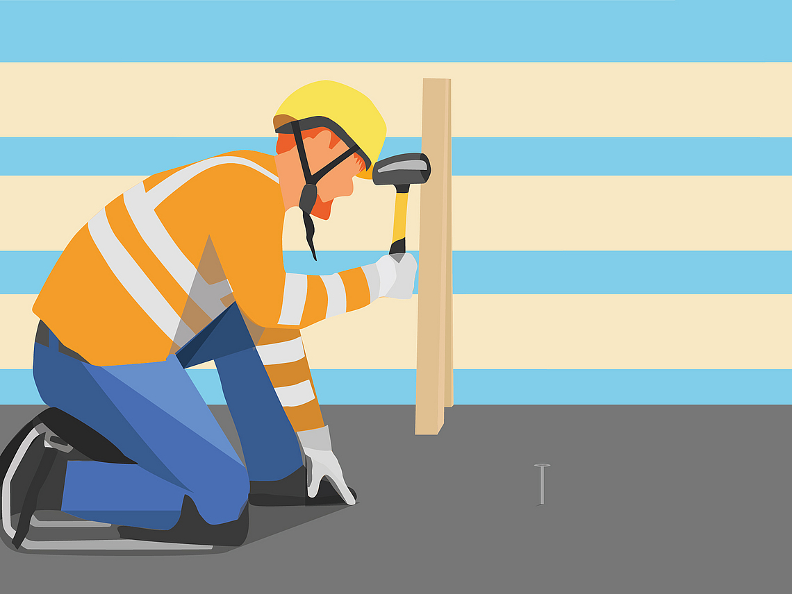 Illustration eines Bauarbeiters, der einen Knieschutz trägt, auf dem Boden kniet und einen Nagel am Boden einschlägt.
