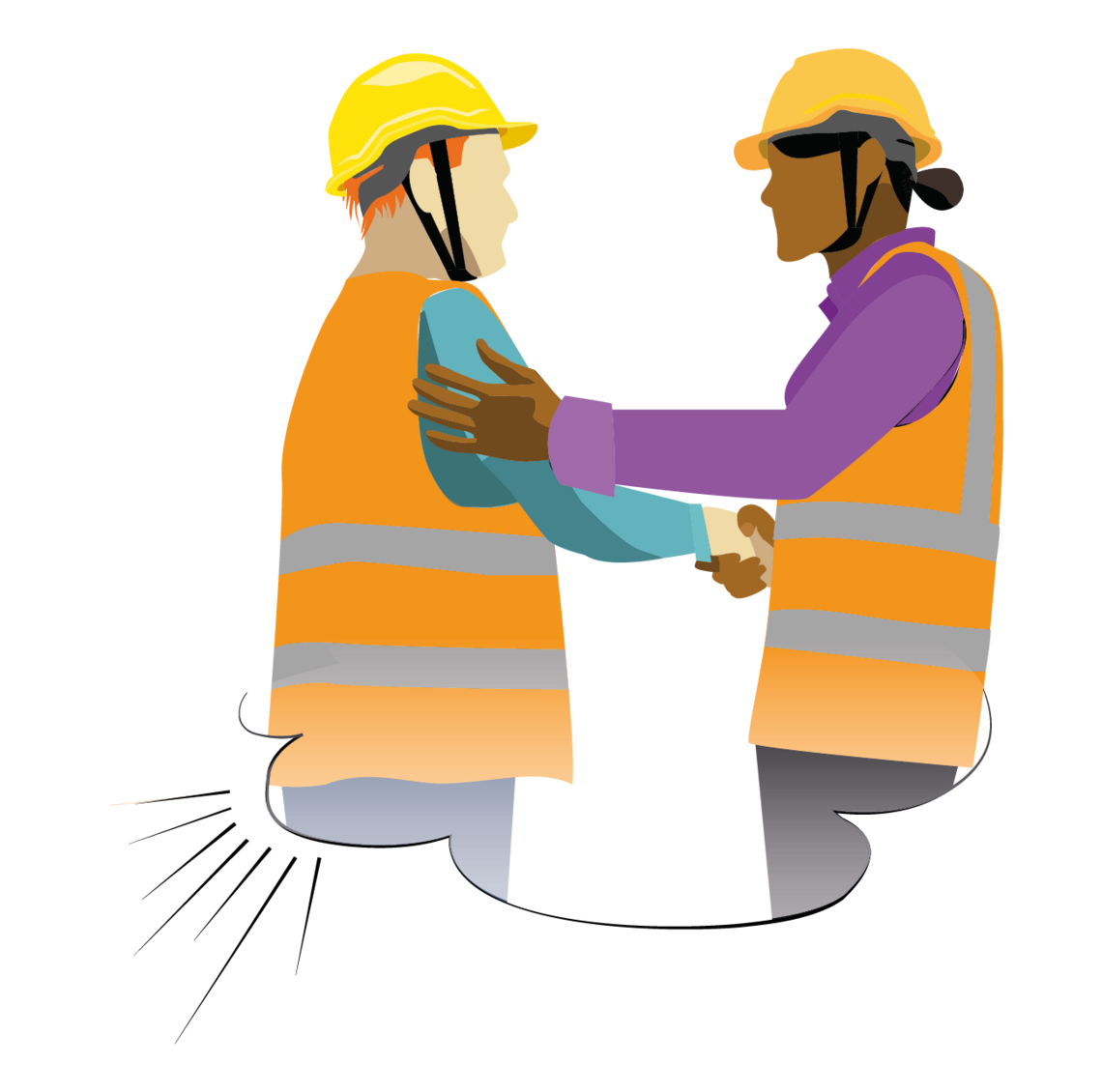 Illustration von zwei Bauarbeitern, die sich die Hände reichen.
