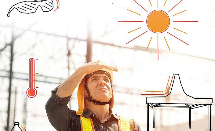 Ein Bauarbeiter mit Schutzhelm und Notizzettel schaut auf eine Baustelle mit Illustrationen einer Sonne, eines Wetterschutzzeltes, einer Wasserflasche, eines Thermometers und einer Sonnenbrille.
