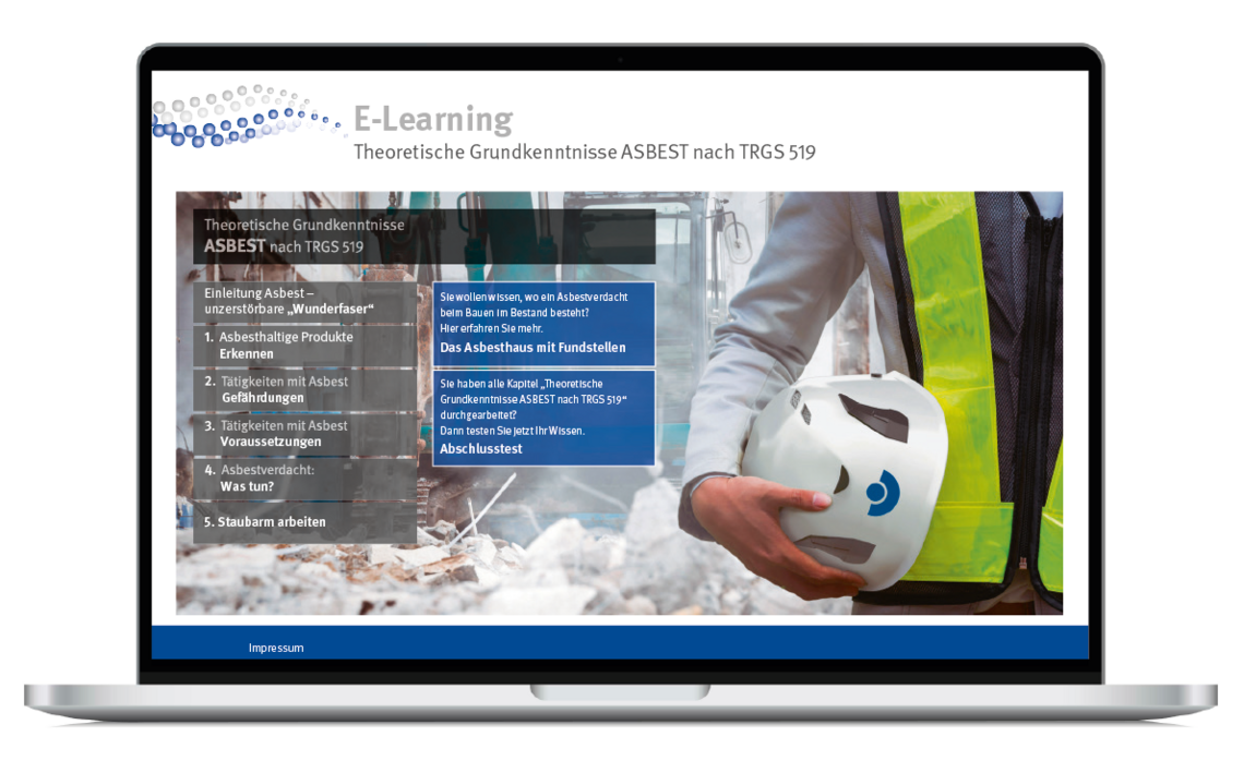 Das neue E-Learning-Programm der BG BAU "Grundkenntnisse Asbest" auf einem Laptop-Bildschirm.
