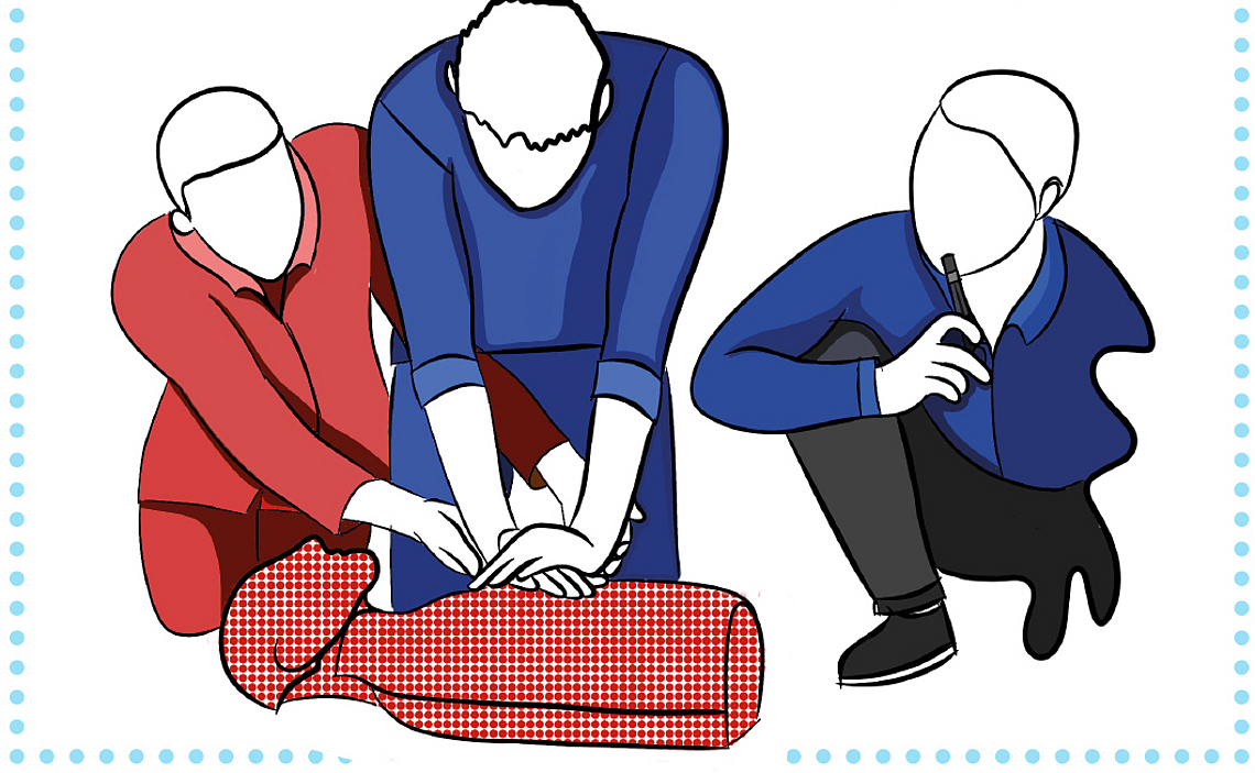 Illustration von drei Personen, die an einer Puppe Wiederbelebungsmaßnahmen lernen.
