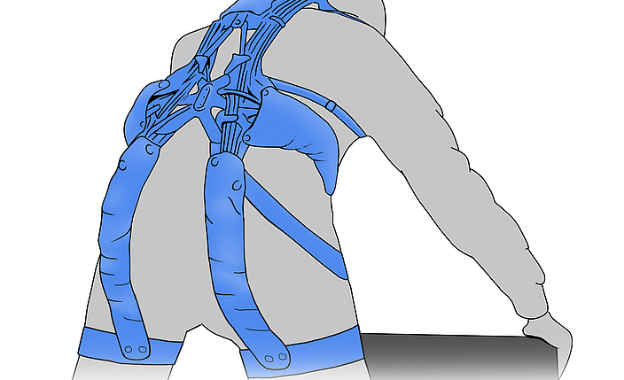 Zeichnung einer Person, die ein blaues Exoskelett am Rücken trägt, das zur Unterstützung bei körperlicher Arbeit dient.