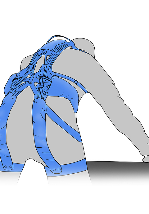 Zeichnung einer Person, die ein blaues Exoskelett am Rücken trägt, das zur Unterstützung bei körperlicher Arbeit dient. 