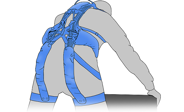 Zeichnung einer Person, die ein blaues Exoskelett am Rücken trägt, das zur Unterstützung bei körperlicher Arbeit dient. 