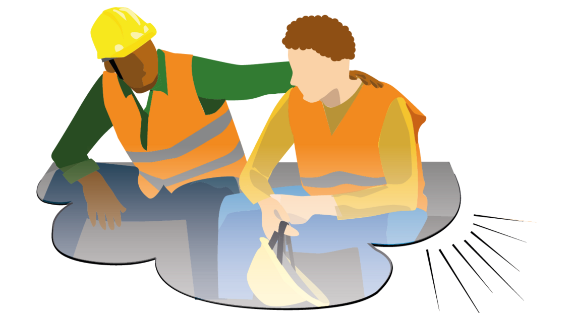 Illustration von zwei Bauarbeitern, die sich in einem Gespräch befinden.
