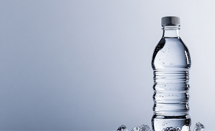 Wasserflasche vor grauem Hintergrund.