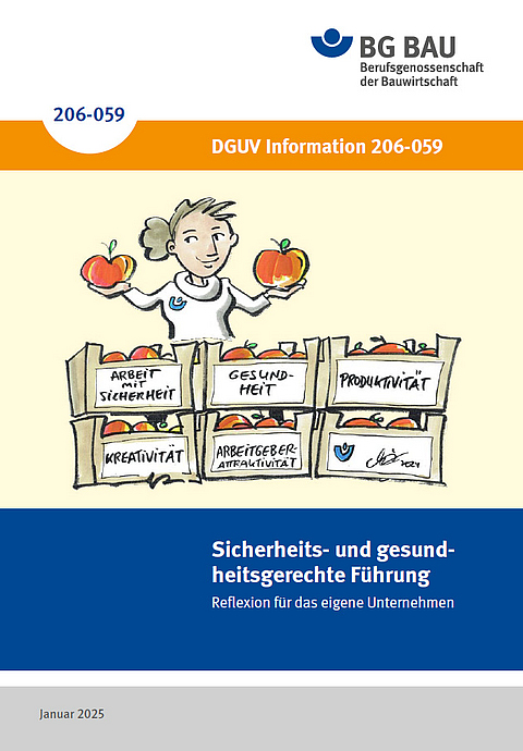 Titelbild der DGUV-Information 206-059: Sicherheits- und gesundheitsgerechte Führung. 