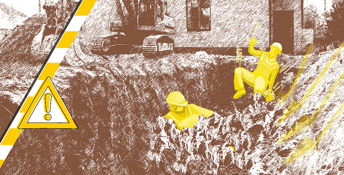 Negativbeispiel - Illustration von zwei Bauarbeitern, die im Graben verschüttet sind.
