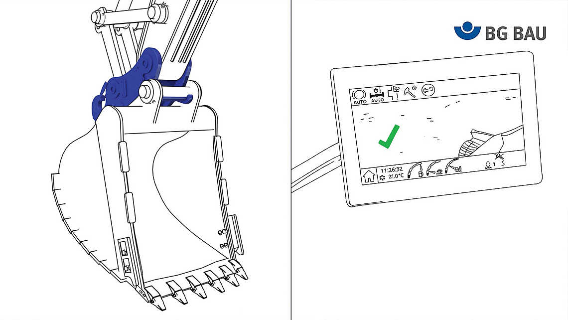 Technische Zeichnung eines Schnellwechselsystems einer Baggerschaufel sowie eines Tablets mit grünem Haken. 