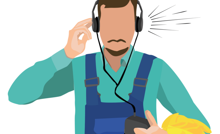 Illustration eines Gebäudereinigers mit Kopfhörern.